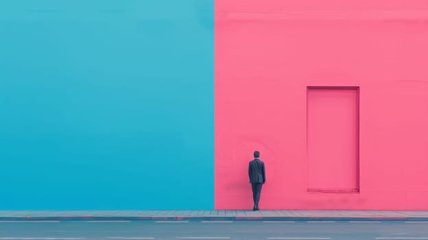 A man standing in front of a blue and pink wall
