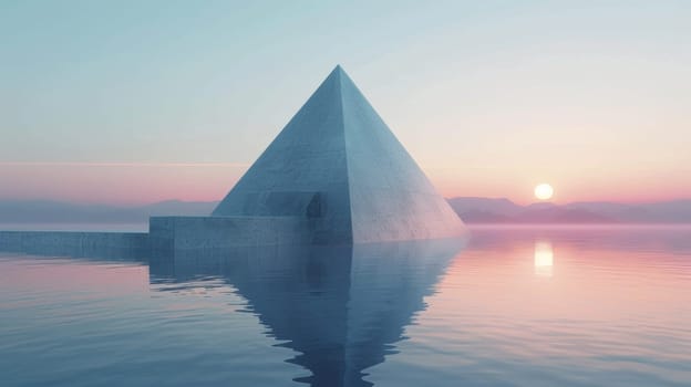 A pyramid in the middle of a body of water at sunset