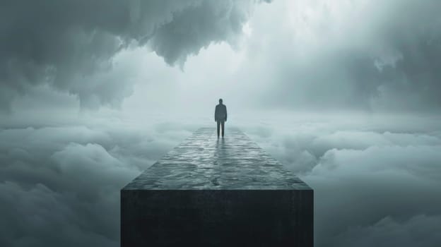 A man standing on a platform in the middle of clouds