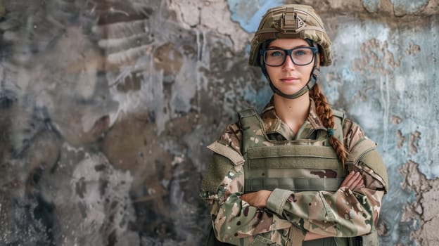 A woman in army uniform standing with arms crossed