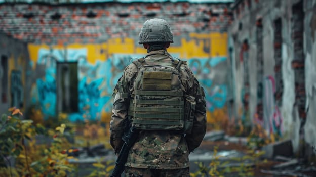 A soldier in camouflage standing near a building with graffiti on it