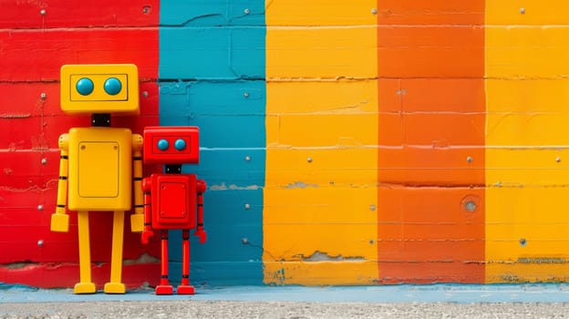 Two small yellow and blue robots standing next to a colorful wall