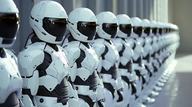 A row of white robots lined up in a line with helmets on