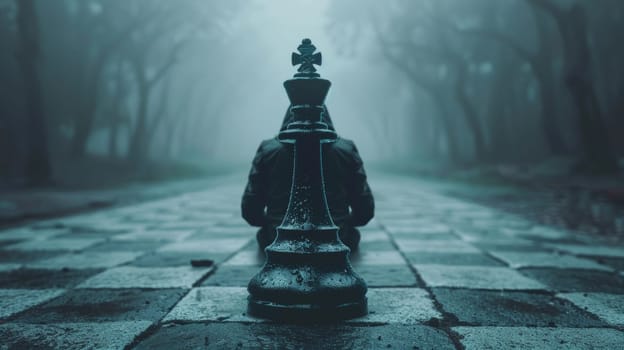 A person sitting on a chess board in the middle of an empty road