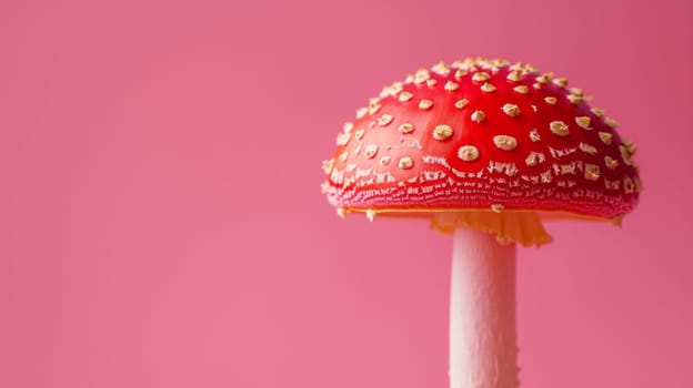 A close up of a red mushroom with white dots on it