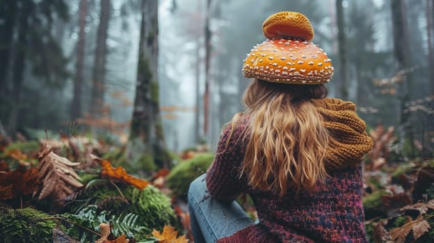 A woman sitting in the woods wearing a hat with an orange mushroom on it