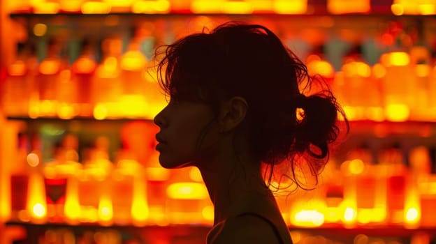 A woman standing in front of a wall with bottles behind her