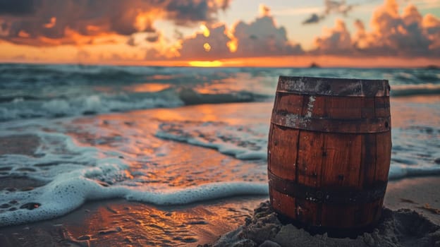 A barrel sitting on the beach at sunset with waves crashing in