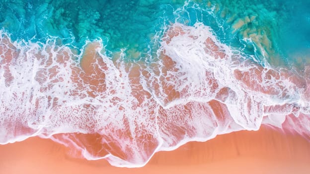 An aerial view of a beach with waves and sand