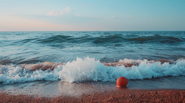A red ball on the beach next to a wave