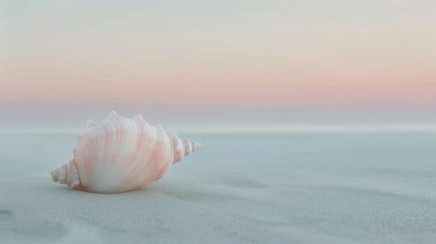 A shell on the beach at sunset with a pink sky