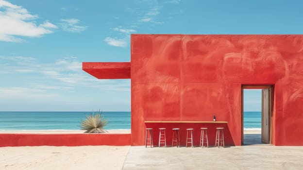 A red building with a bar and stools on the beach