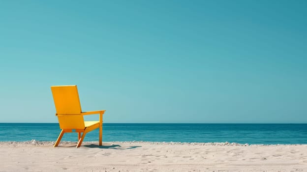 A yellow chair sitting on a sandy beach near the ocean