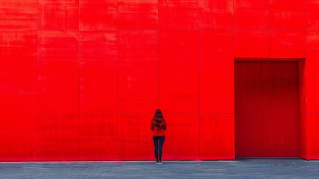 A woman standing in front of a red wall with her back to it