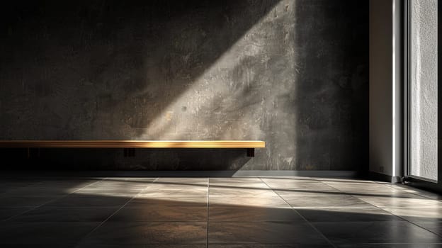 A bench in a room with sunlight coming through the window