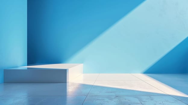 A white bench in a blue room with sunlight coming through the window