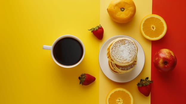 A plate of pancakes with fruit and a cup of coffee