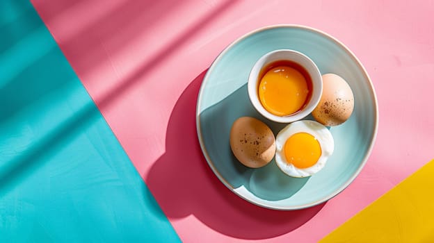 A plate with eggs and a cup of liquid on it