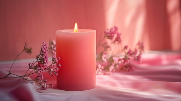 A pink candle on a table with some flowers next to it