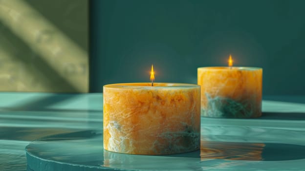Two candles on a table with one lit and the other not