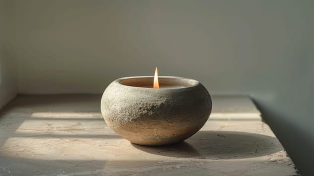 A candle sitting in a stone vase on top of a table