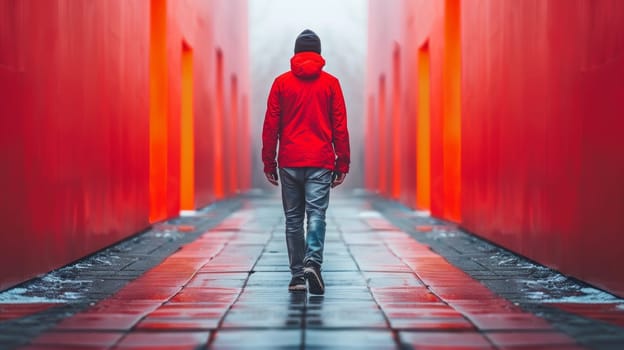 A man walking down a walkway in the rain wearing red jacket