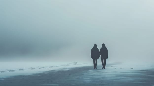 Two people walking on a snowy road with no cars in sight
