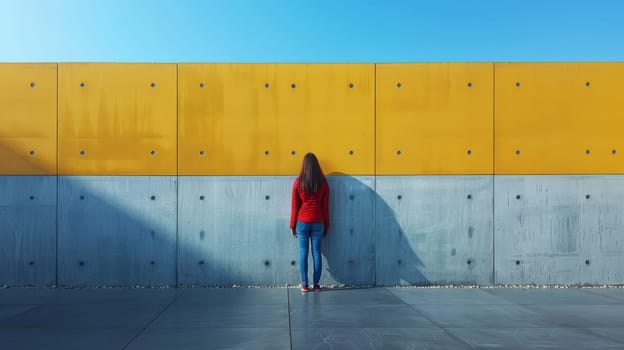 A woman standing in front of a wall with yellow and gray panels