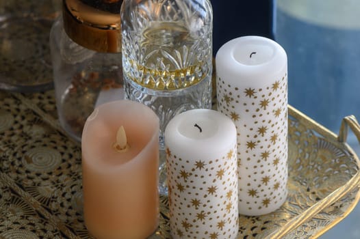 Burning candles on table, space for text
