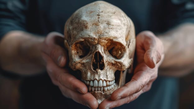 A person holding a human skull in their hands