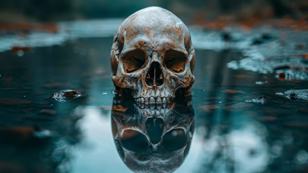 A skull is sitting in the water with leaves on it