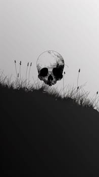 A skull is sitting on top of a grassy hill