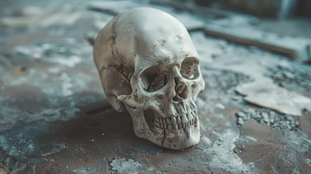 A skull sitting on a concrete floor with some debris around it