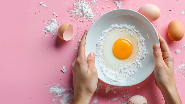 A person holding a bowl with an egg in it and some flour