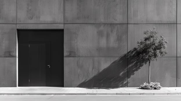 A black and white photo of a tree in front of the building