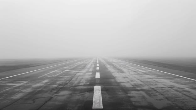 A black and white photo of an empty highway in the fog