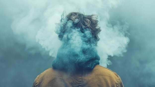 A person with a scarf over their face and smoke coming out of them