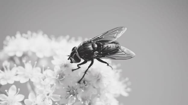 A black and white photo of a fly on top of some flowers