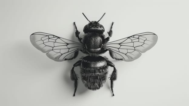 A black and white photo of a bee with wings