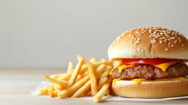 A hamburger with cheese and tomato sitting next to some french fries