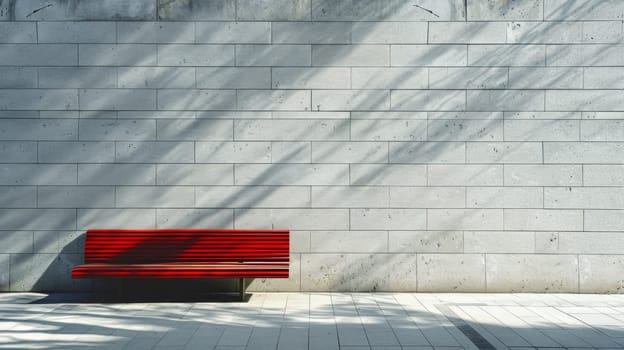 A red bench sitting on a concrete wall next to the sun