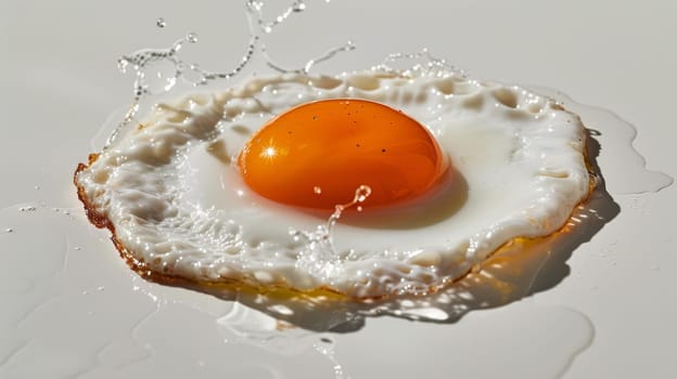 An egg is sitting on top of a white surface with water splashing around it