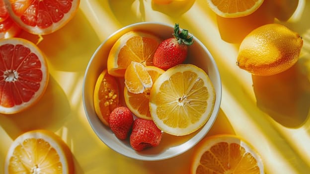 A bowl of oranges, strawberries and raspberries on a table