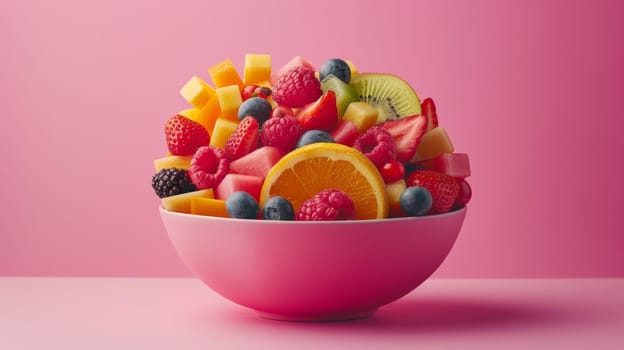 A bowl of fruit in a pink color with some berries