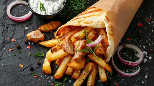A close up of a plate with fries and dip on it