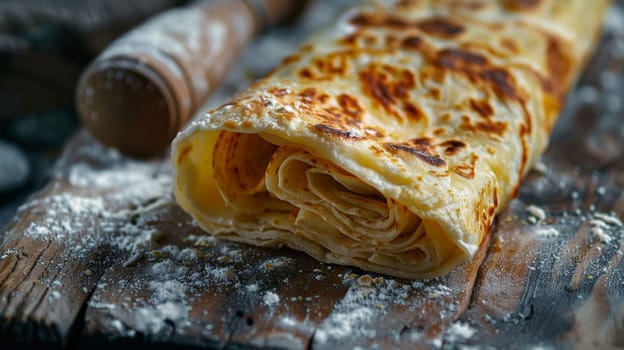 A close up of a piece of bread on top of some flour