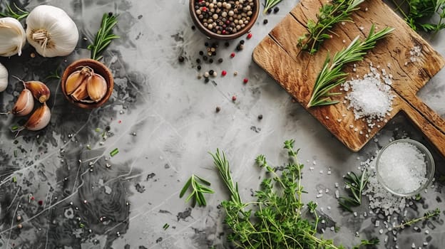 A table with garlic, salt and other spices on it