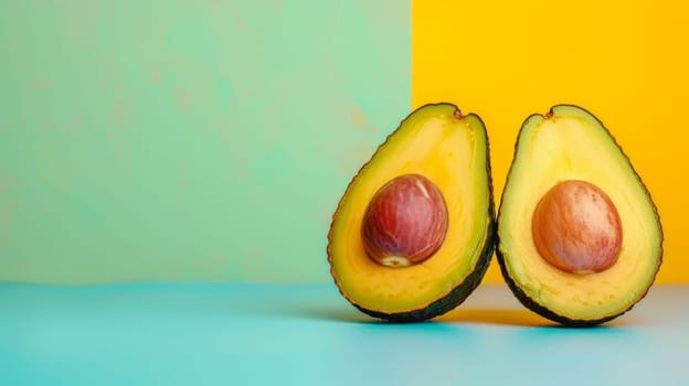 Two halves of an avocado on a colorful background