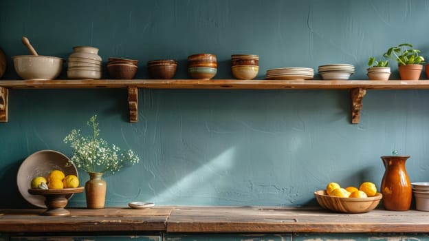 A shelf with pots and bowls on it next to a blue wall