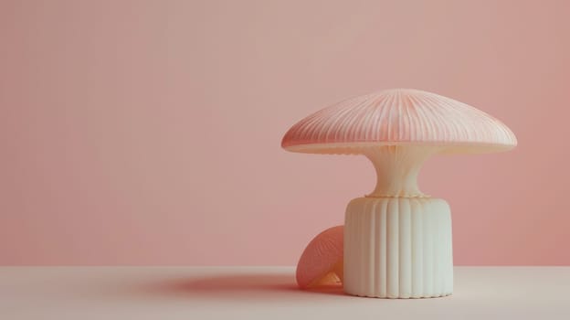 A white and pink mushroom sitting on a table against the wall